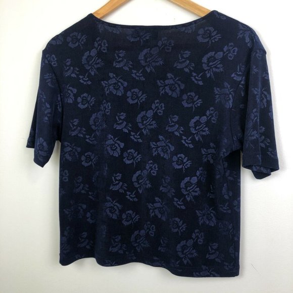 Vintage 80s 90s Navy Blue Floral Crop Top Size M Button Up Short Sleeve Shirt - Picture 4 of 6